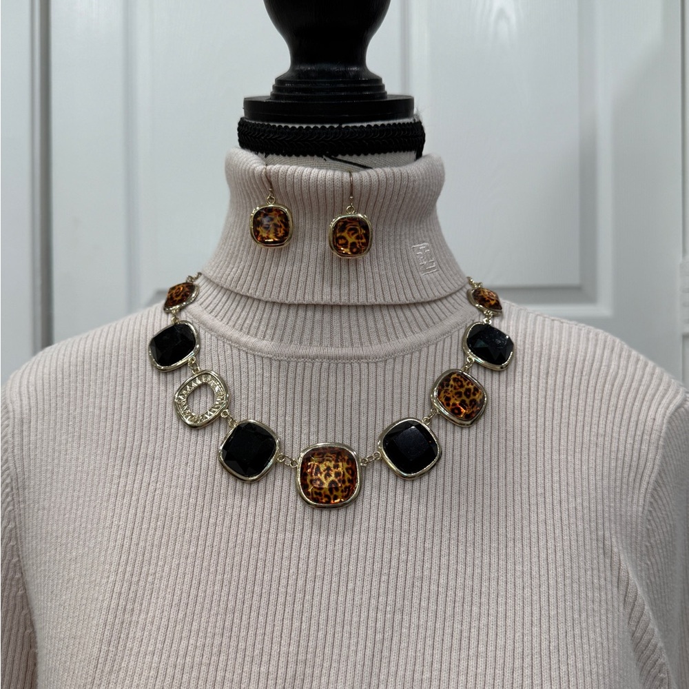 Amber and Black Statement Necklace and Earring Set